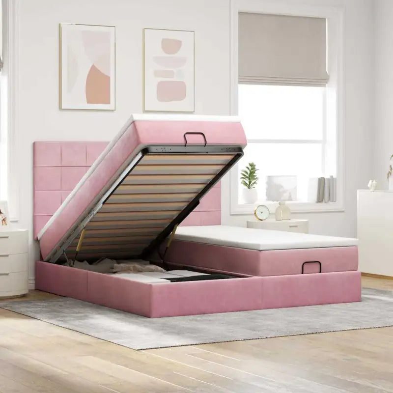 Ottomaanse bed met ruime opbergruimte in zwart materiaal - Roze / 200 x 200 cm / Blok met vierkanten - Bedden &
