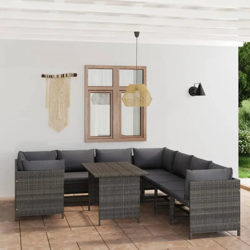 Poly rattan loungeset met diepte zitting en comfortabel materiaal vulling - Grijs / 4x hoek + 4x midden + Tafel