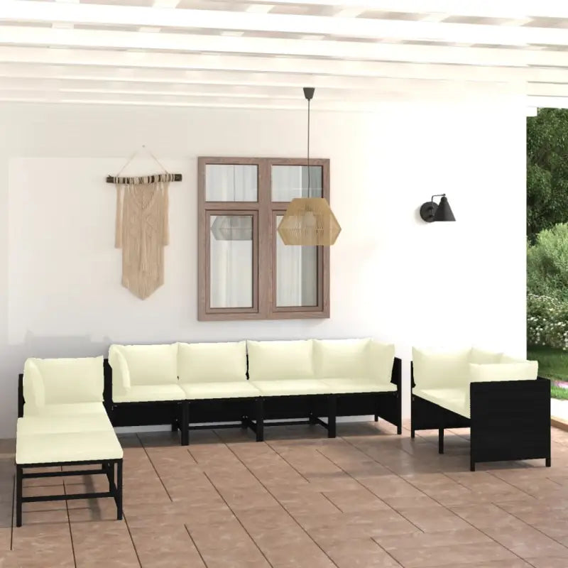 Poly rattan loungeset met diepte zitting en comfortabel materiaal vulling - Zwart / 5x hoek + 3x midden + voetensteun