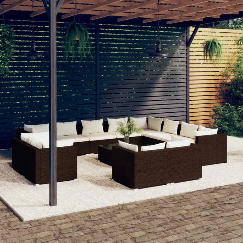 Poly rattan loungeset met diepte zitting voor moderne buitenruimte - Bruin en wit / 7x hoek + 5x midden + Tafel