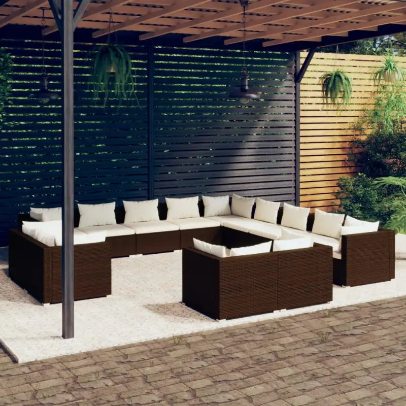 Poly rattan loungeset met diepte zitting voor moderne buitenruimte - Bruin en wit / 7x hoek + 6x midden - Tuinsets