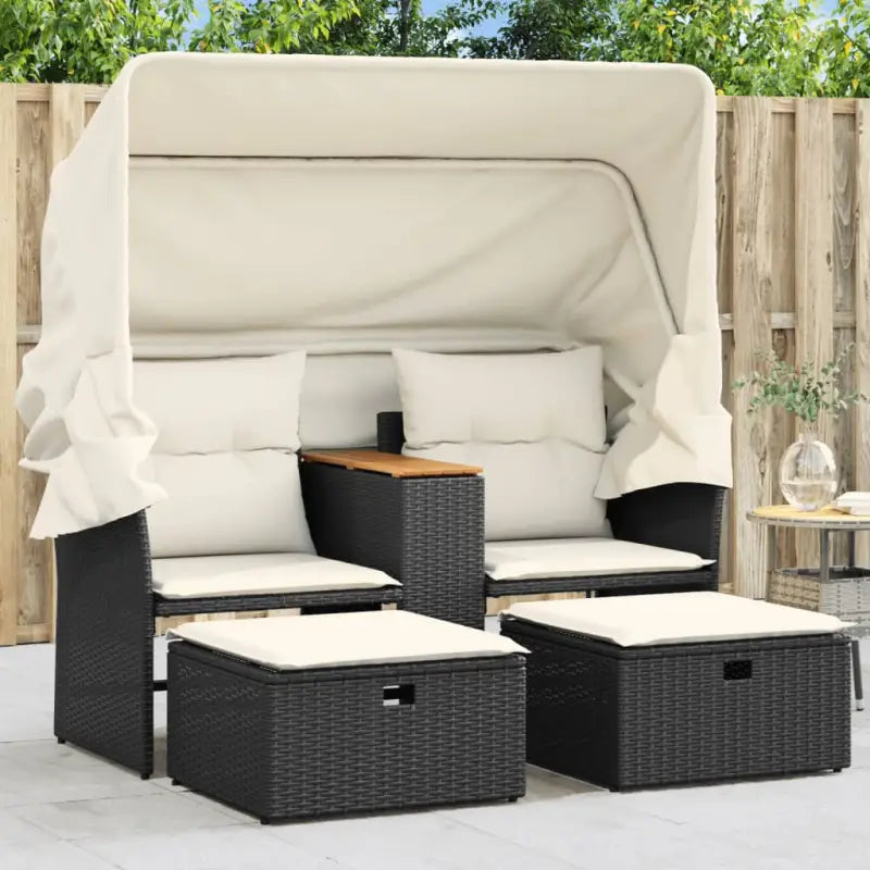 Poly Rattan Loungeset met Uitschuifbare Luifel en Wasbare Hoes - Zwart / 1 / met luifel - Loungebanken