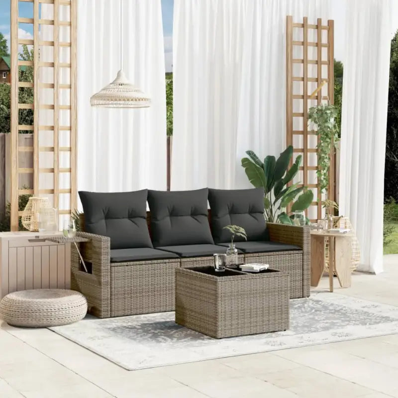 Poly rattan loungeset met waterdichte tas en gepoedercoat staal - Grijs / Met tafel - Tuinsets