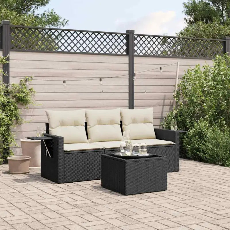 Poly rattan loungeset met waterdichte tas en gepoedercoat staal - Zwart en crème / Met tafel - Tuinsets