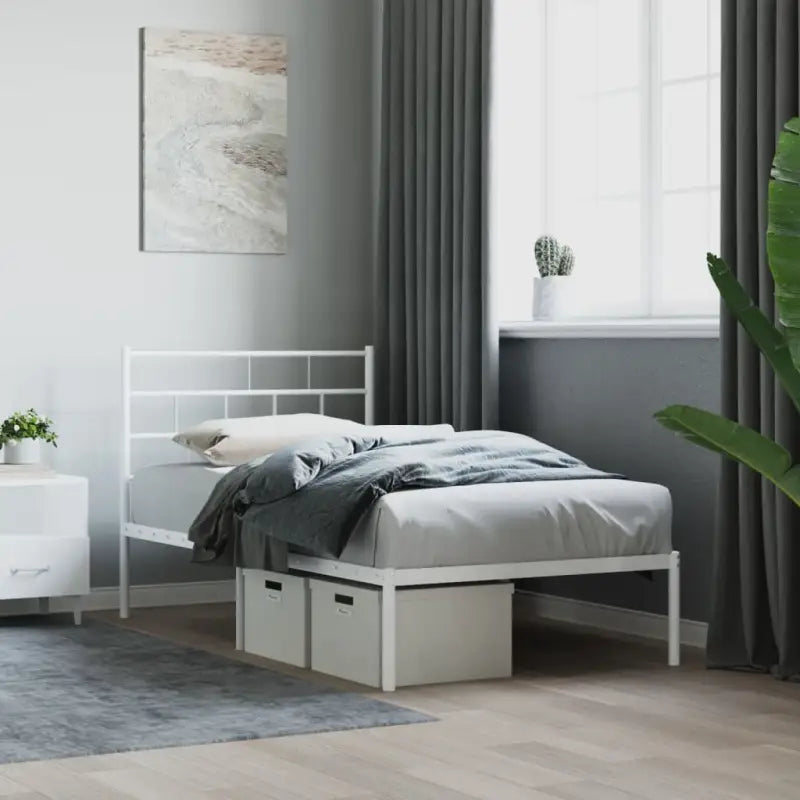 Robuust metalen bedframe met metalen latten en extra opbergruimte - Wit / 90 x 200 cm / met hoofdbord - Bedden &