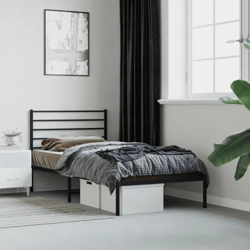 Robuust metalen latten bedframe met extra opbergruimte in klassiek design - Zwart / 107 x 203 cm / met hoofdbord