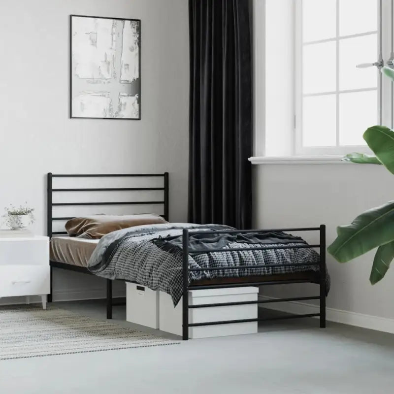 Robuust metalen latten bedframe met extra opbergruimte in klassiek design - Zwart / 90 x 200 cm / met hoofdbord &