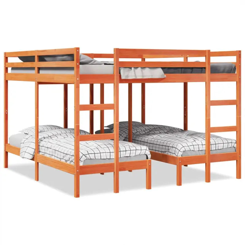 Ruimtebesparende oplossing voor meerdere kinderen met massief grenenhout - Wasbruin / 200 x 200/80 x 200 cm - Bedden &