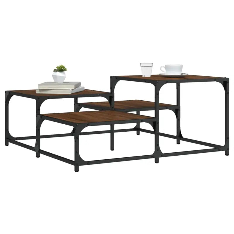 Salontafel met bewerkt hout metalen frame en verstelbare poten - bruin eikenkleur / 87.5 x 87.5 x 40 cm / 1