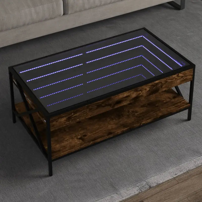 Salontafel met LED-infinity spiegel en bewerkt hout for een stijlvolle uitstraling - Gerookt eiken / 90 x 50 x 38 cm
