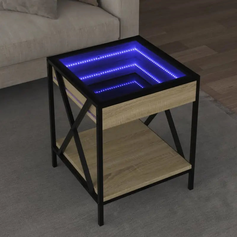 Salontafel met LED-infinity spiegel en bewerkt hout for een stijlvolle uitstraling - Sonoma eiken / 40 x 40 x 49 cm / 1