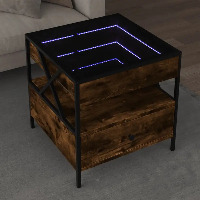 Salontafel met LED-infinity spiegel van bewerkt hout voor elke ruimte - Gerookt eiken / 50 x 50 x 51 cm / 1