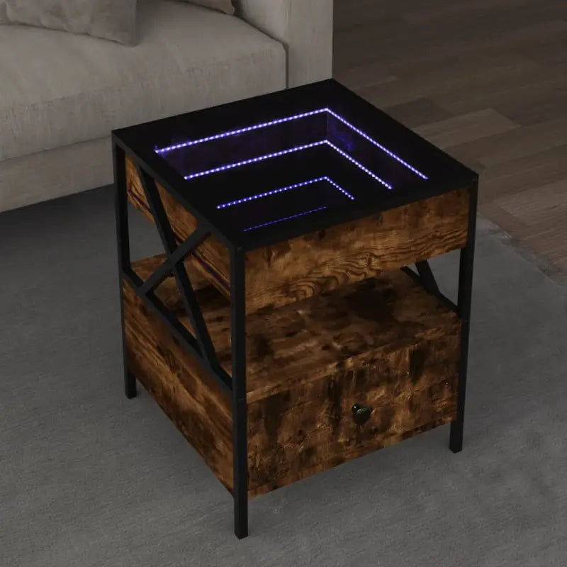 Salontafel met LED-infinity spiegel van bewerkt hout voor elke ruimte - Gerookt eiken / 40 x 40 x 51 cm / 1
