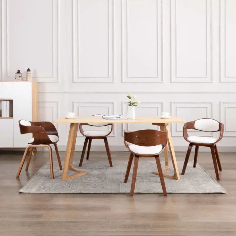 Set van 2 Eetkamerstoelen met Gebogen Hout en Soft Stoffen Bekleding - Donkerbruin en wit / 4 - Eetkamerstoelen