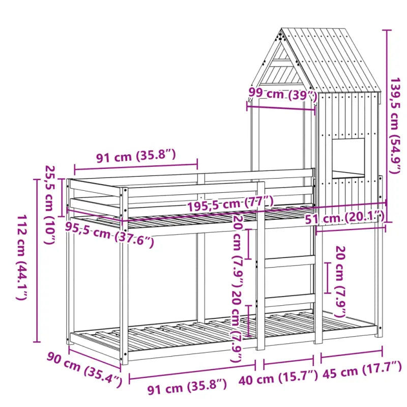 Stapelbed met bedhuis van massief grenenhout en multiplex lattenbodem - Bedden & bedframes