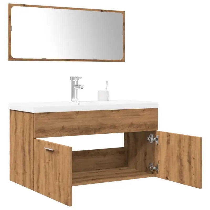 Trendy badkamermeubelset met bewerkt hout en wit materiaal - artisanaal eikenkleurig / 90 x 38.5 x 46 cm