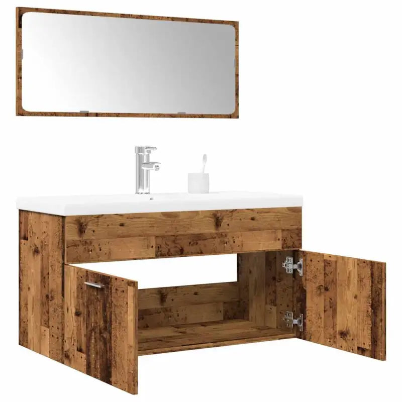 Trendy badkamermeubelset met bewerkt hout en wit materiaal - Oud hout / 90 x 38.5 x 46 cm - Badkamermeubelsets