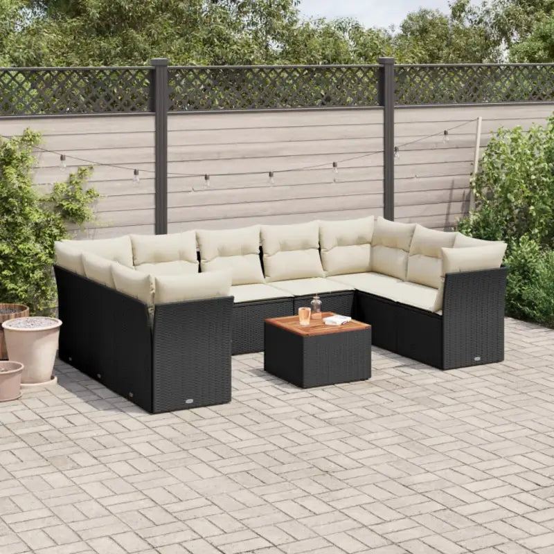 Tuinset met poly rattan en gepoedercoat staal voor buitenplezier - Zwart en crème / Tafel + 4x hoek + 5x midden