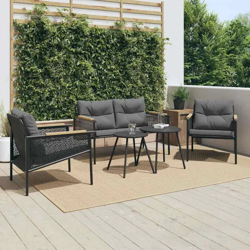 Tuinset met zwart materiaal en gepoedercoat staal voor buitenplezier - 2 x Fauteuil + Bank + 2 x Tafel - Tuinsets