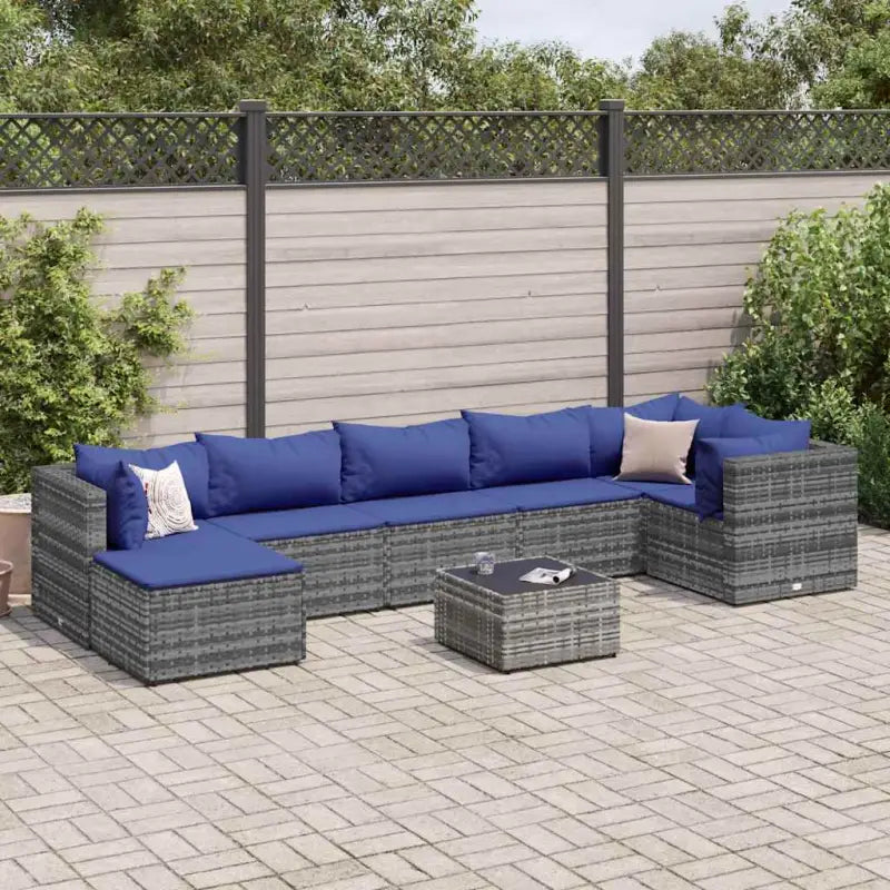 Tuinset van bruin materiaal met gepoedercoat staal en afmetingen - Grijs en blauw / 3x hoek + 3x midden + Tafel