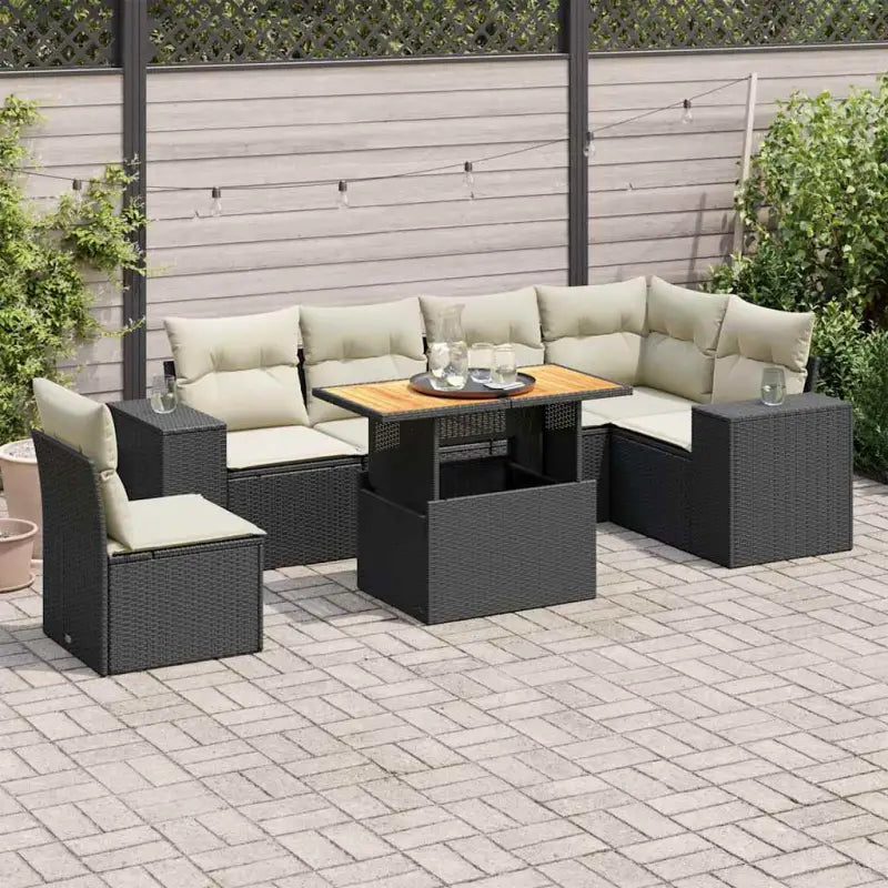 Tuinstoelset in beige materiaal met gepoedercoat staalafmetingen - Zwart en crème / 3x hoek + Tafel + 3x midden
