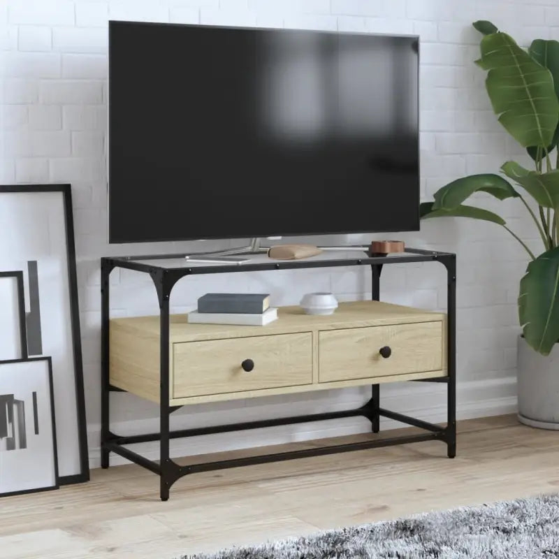 Tv-meubel met metalen frame en glazen blad voor een industrieel interieur - Sonoma eiken / 1 / 80 cm - Tv-meubels