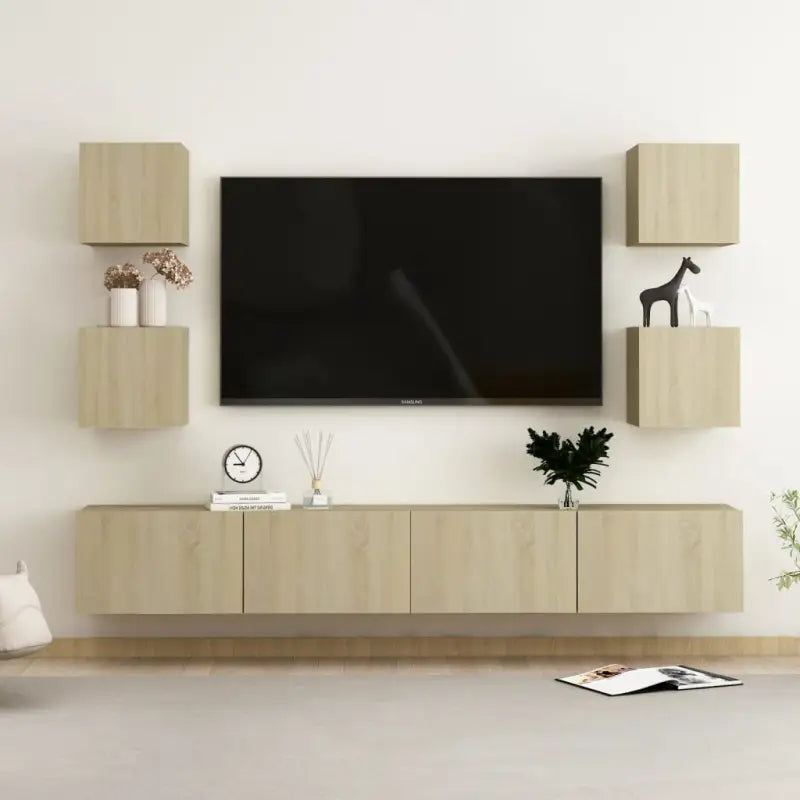Tv-meubel van bewerkt hout met muurbevestiging en tijdloos design - Sonoma eiken / 1 / 200 cm - Tv-meubels