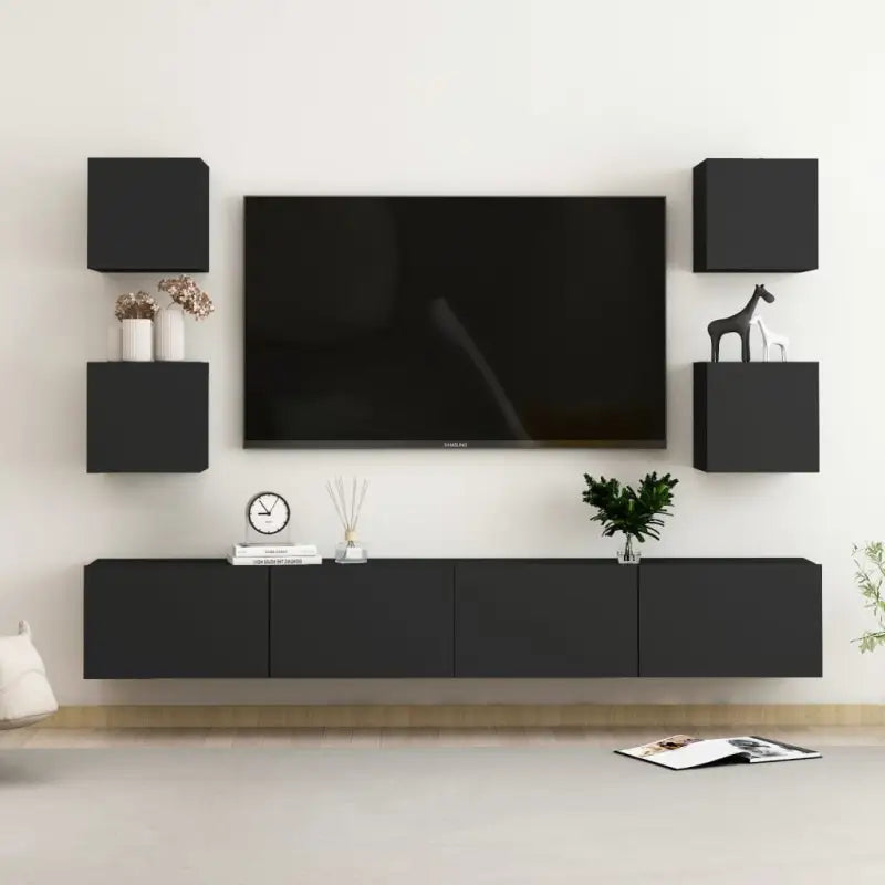 Tv-meubel van bewerkt hout met muurbevestiging en tijdloos design - Zwart / 1 / 200 cm - Tv-meubels