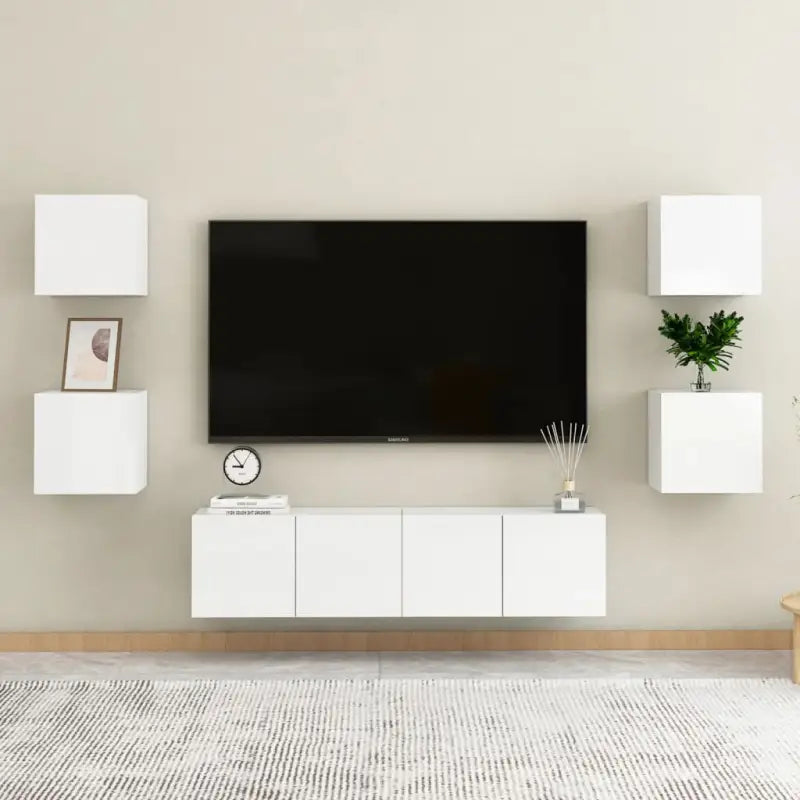 Tv-meubel van bewerkt hout met muurbevestiging en tijdloos design - Hoogglans wit / 1 / 120 cm - Tv-meubels