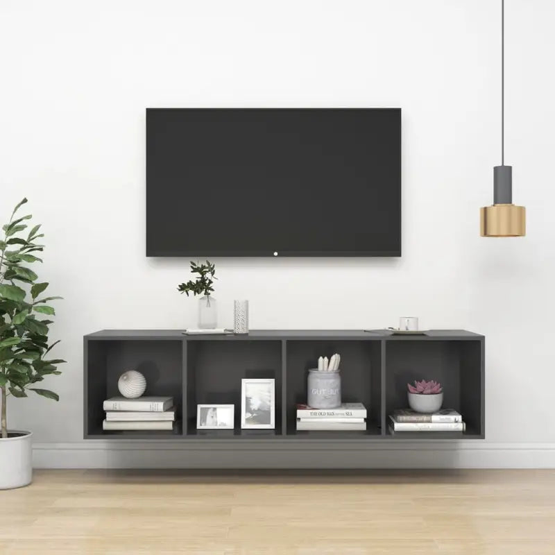 Tv-meubel van bewerkt hout met opbergruimte en muurbevestiging - Grijs / 1 / 142.5 cm - Tv-meubels