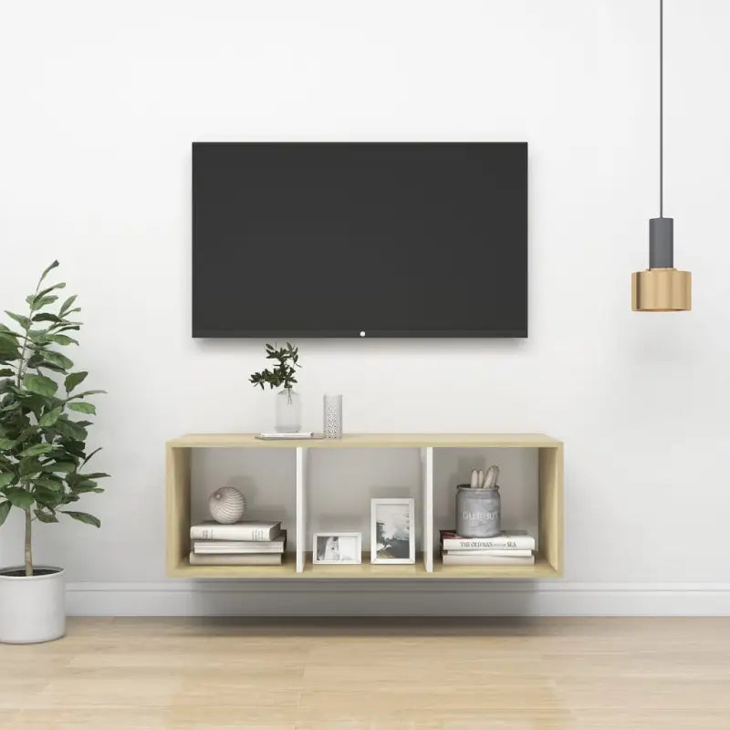 Tv-meubel van bewerkt hout met opbergruimte en muurbevestiging - sonoma eiken en wit / 1 / 107 cm - Tv-meubels