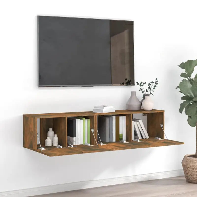 Tv meubel van bewerkt hout met opbergruimte voor een tijdloze uitstraling - Gerookt eiken / 2 / 60/80 cm - Tv-meubels