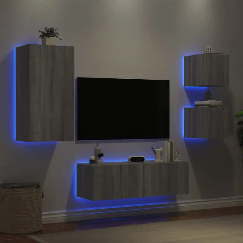 Tv-meubels van bewerkt hout met RGB LED-verlichting in gerookt eiken - Grijs sonoma / 1 - Tv-meubels