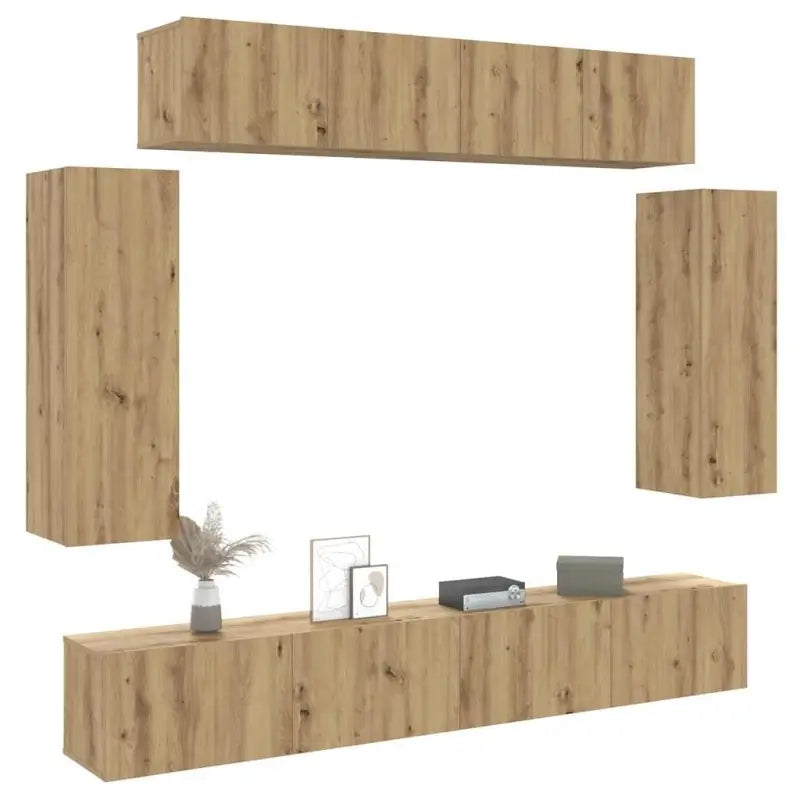 Tv-meubelset van bewerkt hout met opbergruimte en wandmontage - artisanaal eikenkleurig / 6 / 90 cm - Tv-meubels