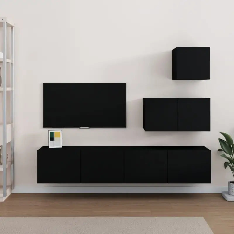 Tv-meubelset van bewerkt hout met strak modern design - Zwart / 4 / 60/80 cm - Tv-meubels