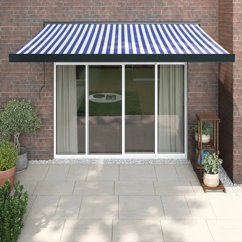 Uittrekbare luifel in gepoedercoat aluminium voor je terras - Blauw en wit (zwart frame) / 3.5 x 2.5 m / 1 - Zonwering