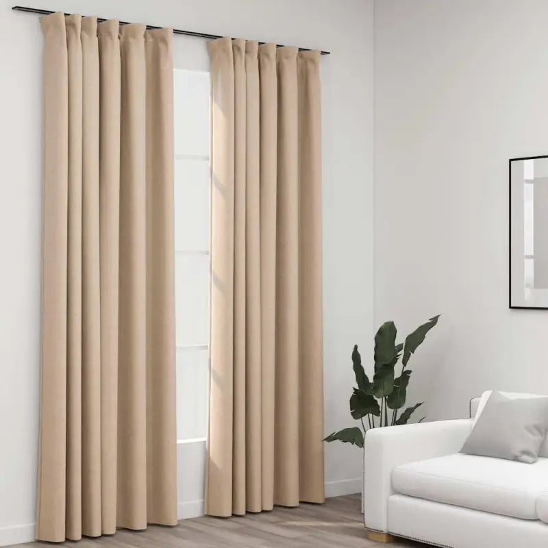 Verduisterende linnen-look gordijnen met metalen haken voor privacy - Beige / 140 x 225 cm / 2 - Gordijnen & vitrages