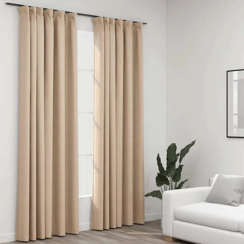 Verduisterende linnen-look gordijnen met metalen haken voor privacy - Beige / 140 x 245 cm / 2 - Gordijnen & vitrages