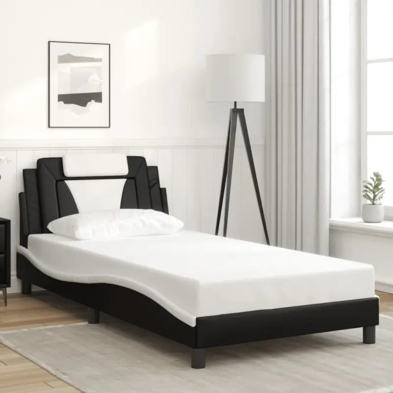 Zwart bedframe met hoofdeinde en multiplex lattenbodem voor comfortabel slapen - Zwart en wit / 100 x 200 cm - Bedden &