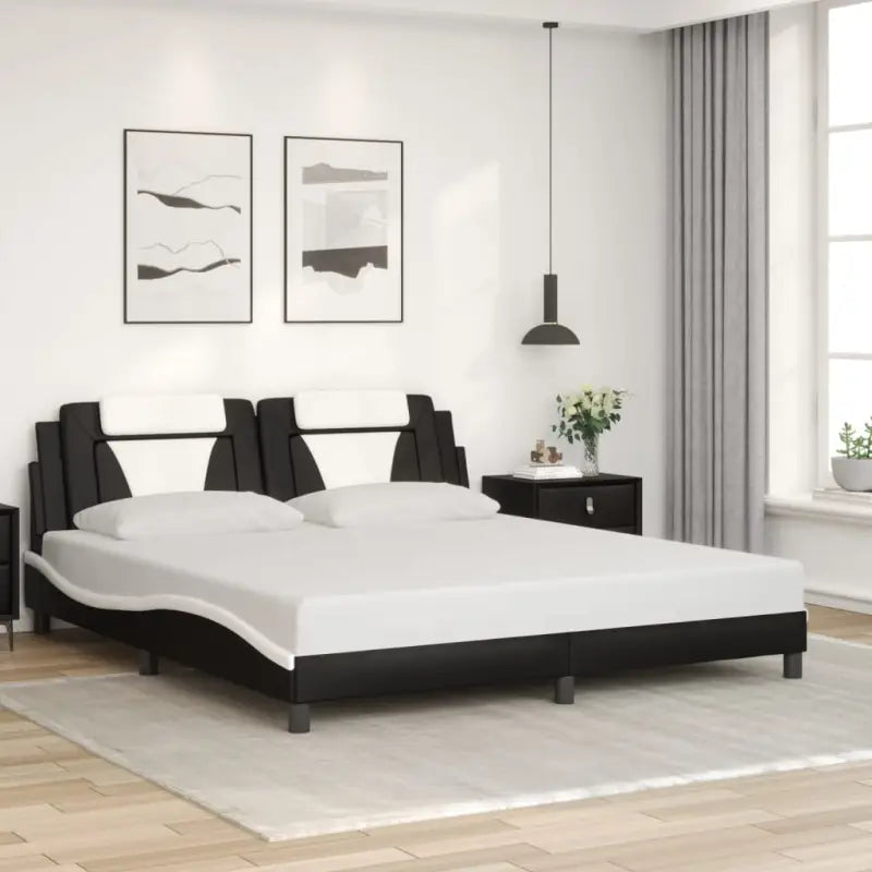 Zwart bedframe met hoofdeinde en multiplex lattenbodem voor comfortabel slapen - Zwart en wit / 183 x 203 cm - Bedden &