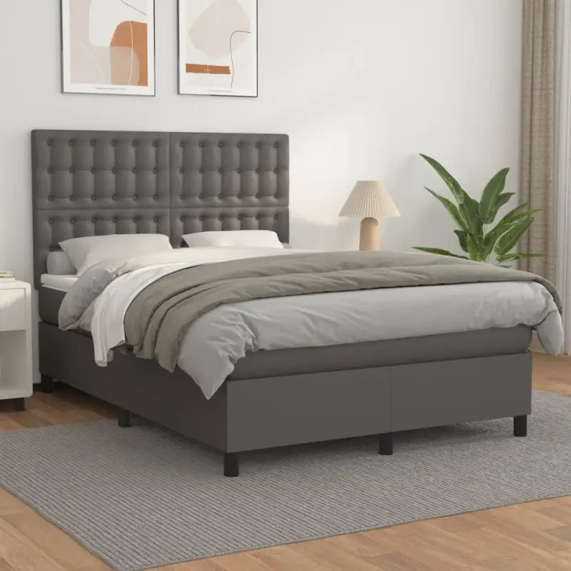 Zwart Kunstleer Boxspringbed met schuim vulling en ideale afmetingen - Grijs / 140 x 190 cm / knoppwn - Bedden &