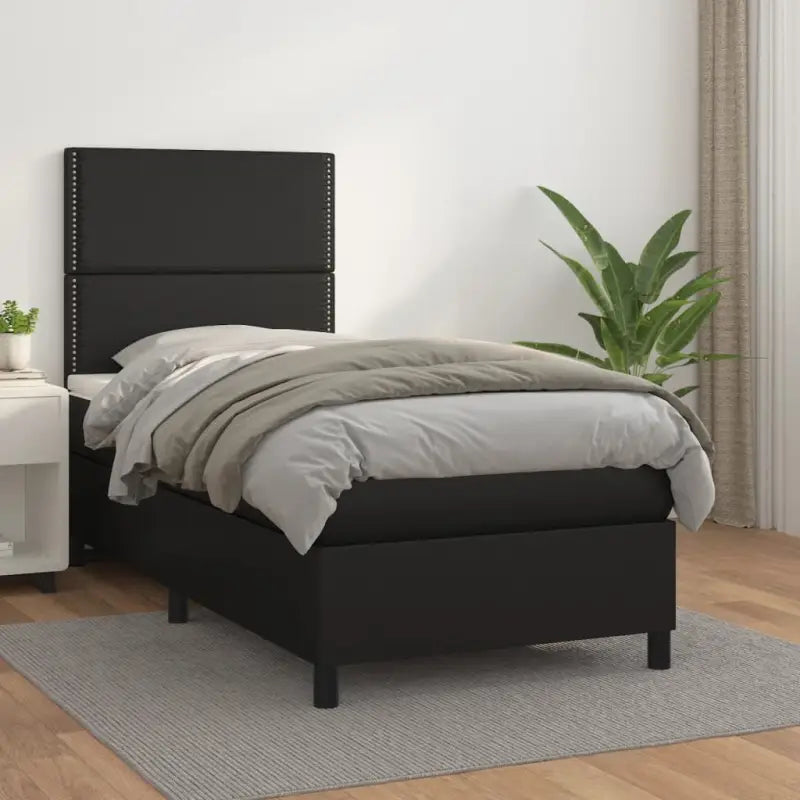 Zwart Kunstleer Boxspringbed met schuim vulling en ideale afmetingen - Zwart / 90 x 190 cm / Effen met spijkers