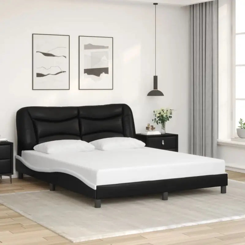 Zwart materiaal bedframe met hoofdeinde en multiplex lattenbodem - Zwart en wit / 160 x 200 cm - Bedden & bedframes