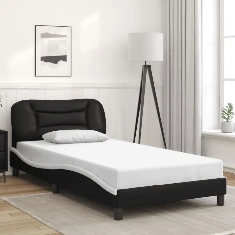 Zwart materiaal bedframe met hoofdeinde en multiplex lattenbodem - Zwart en wit / 100 x 200 cm - Bedden & bedframes