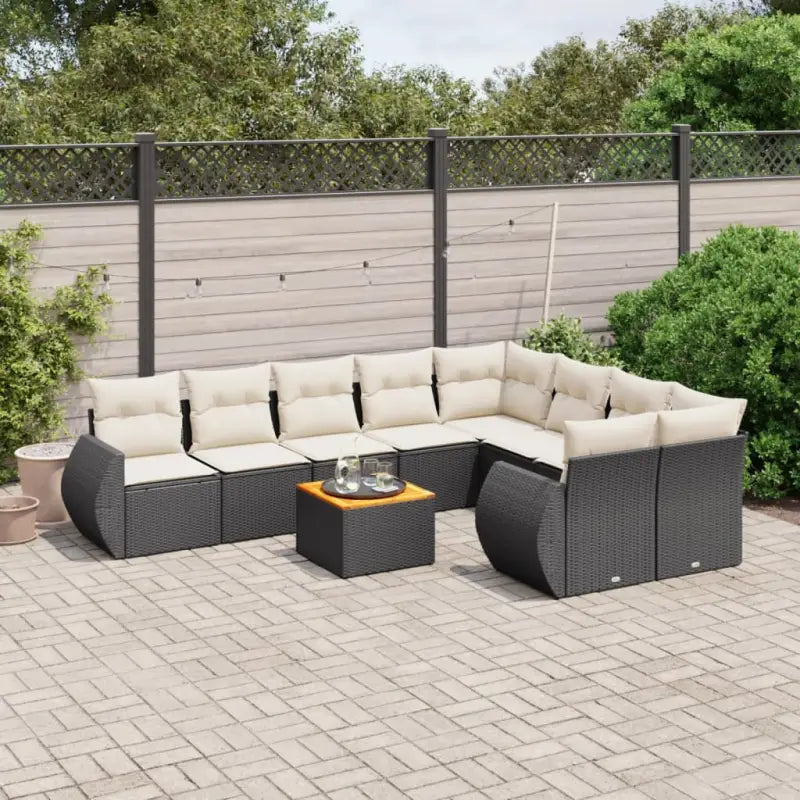 Zwart materiaal loungeset met gepoedercoat staal afmetingen voor buiten - Zwart en crème / Tafel + 2x hoek + 5x midden