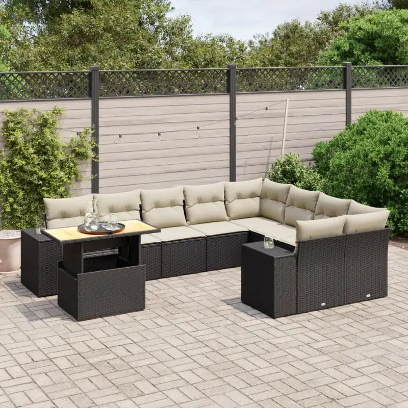 Zwart materiaal loungeset met gepoedercoat staal en afmetingen voor tuin - Zwart en crème / Tafel + 2x hoek + 5x midden