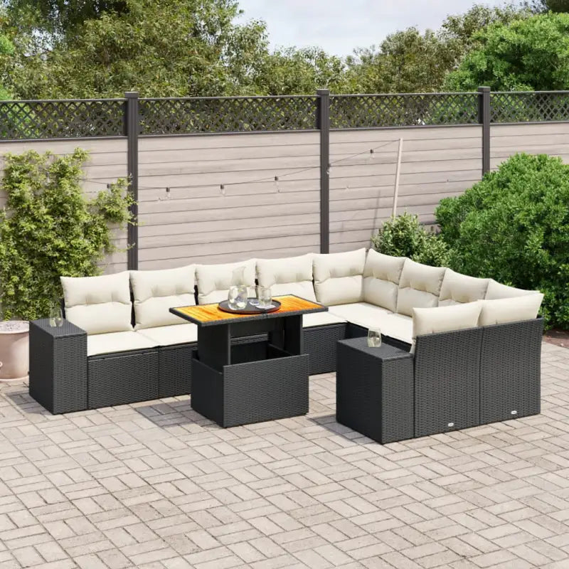 Zwart materiaal loungeset met gepoedercoat staal en afmetingen voor tuin - Zwart en crème / 5x midden + 2x hoek + Tafel