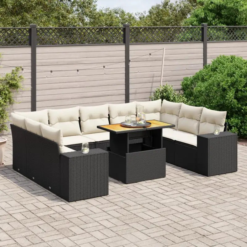 Zwart materiaal loungeset met gepoedercoat staal en afmetingen voor tuin - Zwart en crème / 2x hoek + 5x midden + Tafel