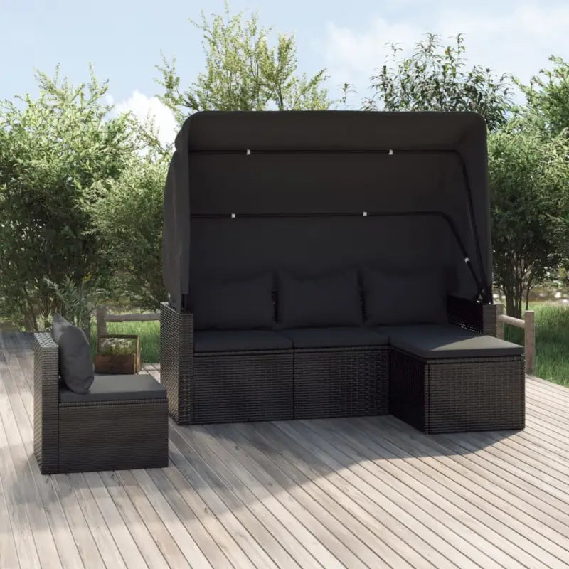 Zwart materiaal loungeset met poly rattan en gepoedercoat staal - Zwart / 4 - Tuinsets