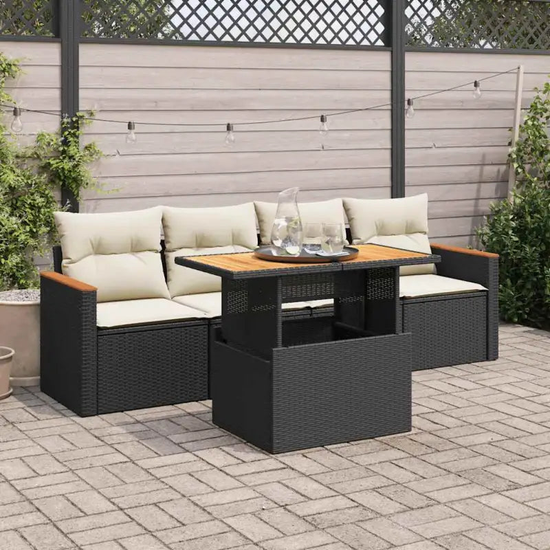 Zwarte loungeset van gepoedercoat staal en poly rattan voor tuin en terras - Zwart en crème / met opbergruimte